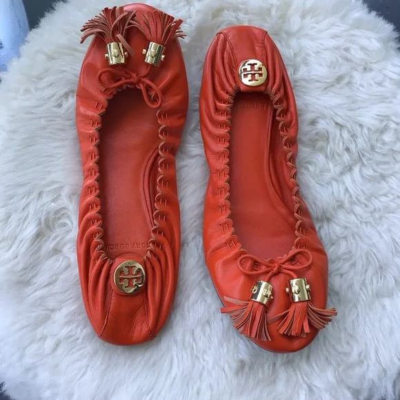 Tory Burch Brazen Burnt Orange Reese Mestico Leather Tasseled Ballet Flats - Picture 4 of 11